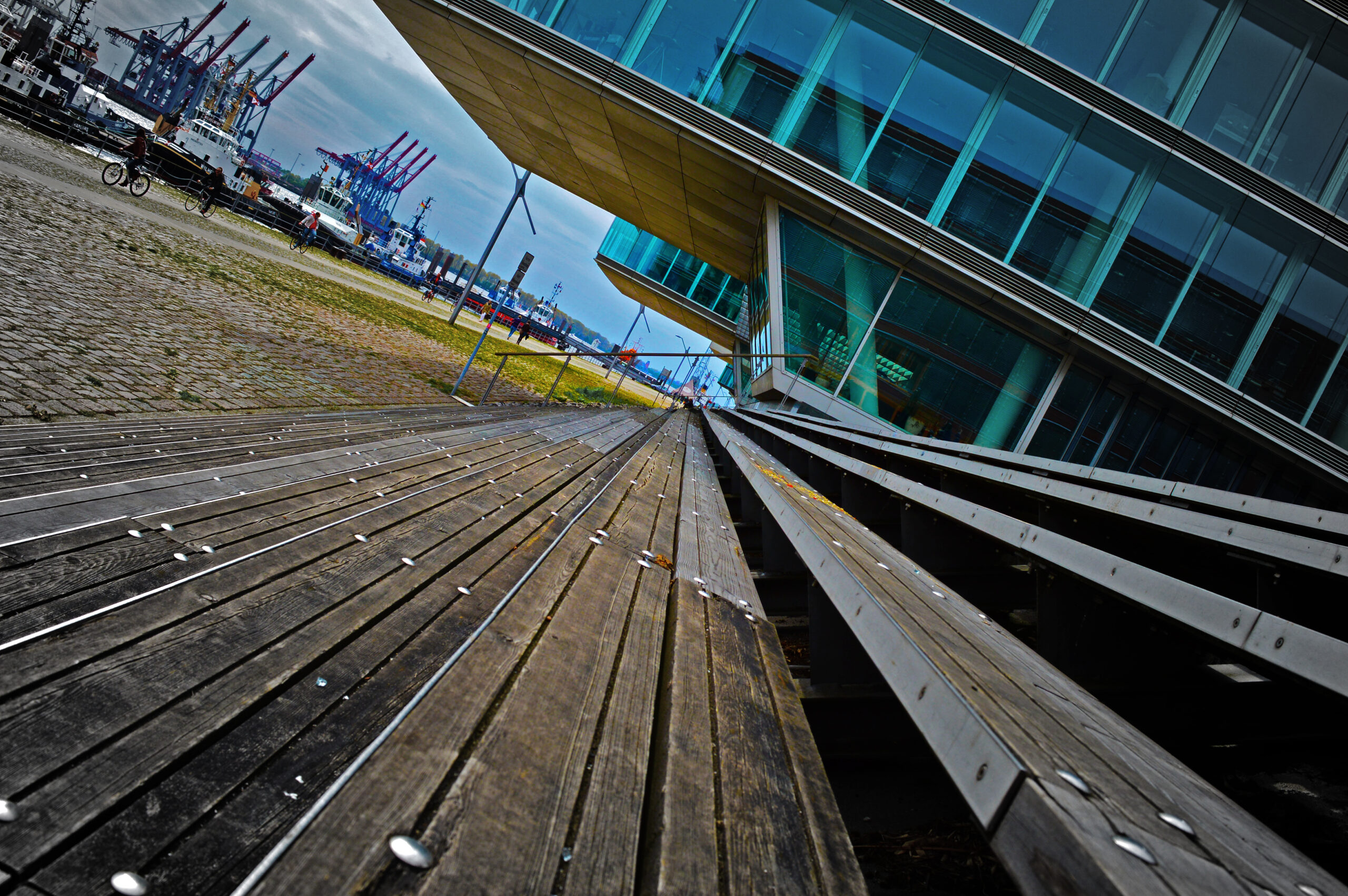 Stairs with a glass building. Hamburg.