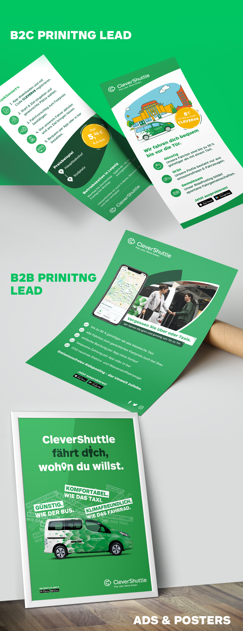Flyers and poster design for CleverShuttle.