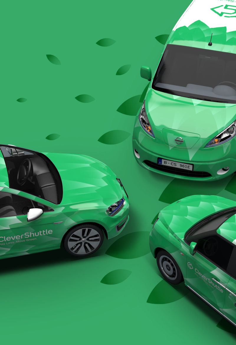 CleverShuttle fleet iin 3D, WV, Nissan and LEVC.