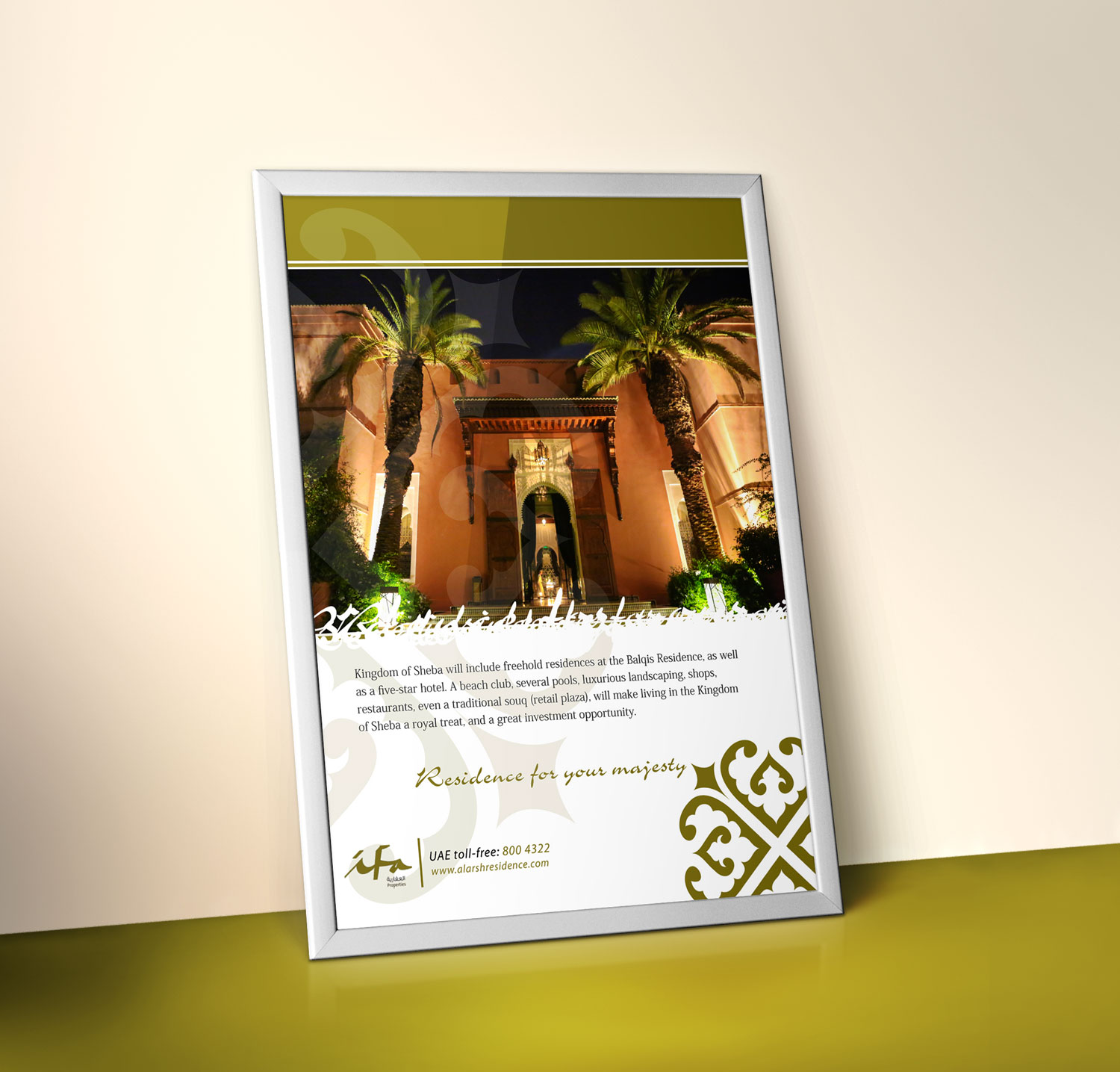 Poster mockup for IFA Villa with palm trees in front of it